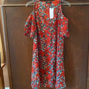 Red floral cold-shoulder dress